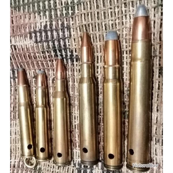 1 lot de 6 munitions neutralises 375 H&H / 9.3x62 / 7x64 / 6.5x57R / 30-30 Win + porte clef