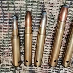 1 lot de 6 munitions neutralisées : 2x 375 2x 375H&H et Kynoch / 2x 9.3x62 / 6.5x57R rws / 30-30 win