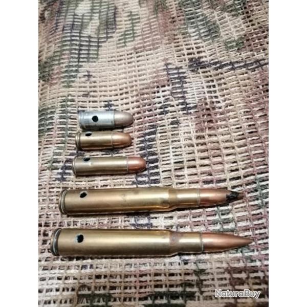 1 lot de 5 munitions militaires anciennes neutralises : 30 06 Garand x2 / Lebel 8mm/9mm x2 43 et 44