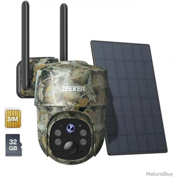 Camra de Chasse 4G 2K PTZ Camra Chasse avec Carte SD et SIM 360 Rotation Diffusion + 32 SD