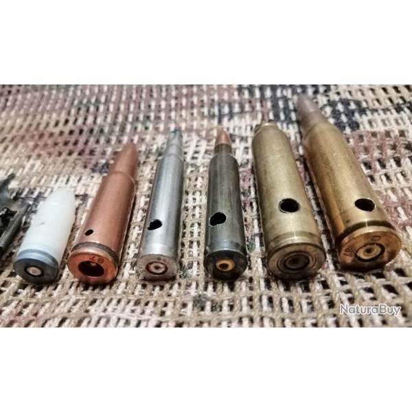 1 lot de 6 munitions militaires neutralises : 7.5 CH/7.5 fr/5. 56 fr/5.56 blanc/7.62x39RU/9mm blanc