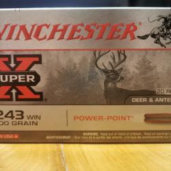 BOITE COMPLETE DE 20 MUNITIONS WINCHESTER  CALIBRE 243WIN OGIVE POWER-POINT 100 GRAIN