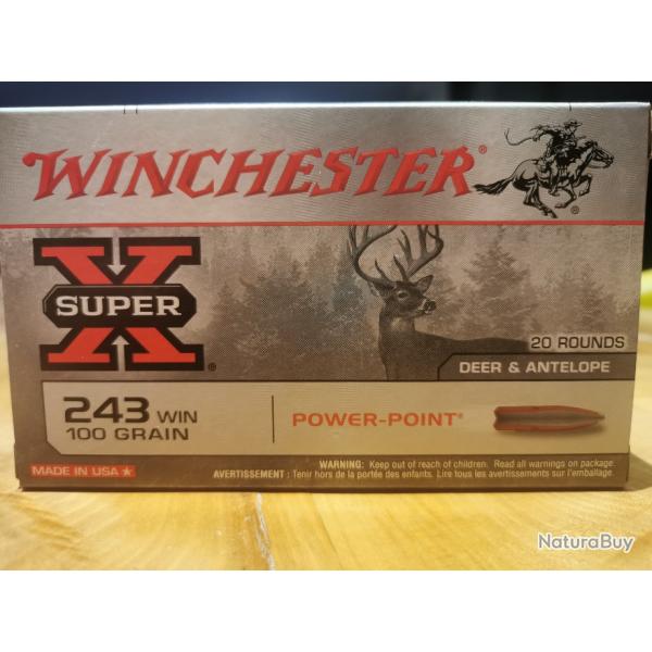 BOITE COMPLETE DE 20 MUNITIONS WINCHESTER  CALIBRE 243WIN OGIVE POWER-POINT 100 GRAIN