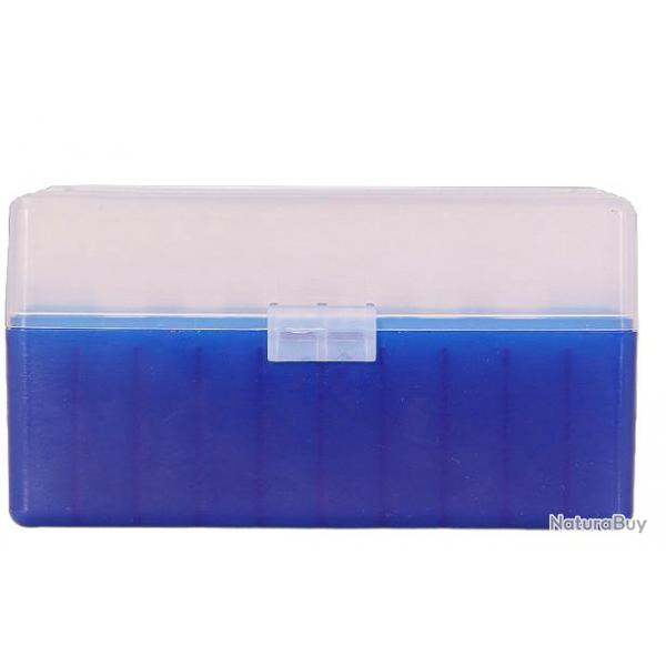 BOITE DE RANGEMENT BLEU COUVERCLE TRANSPARENT 50 MUNITIONS CAL 243