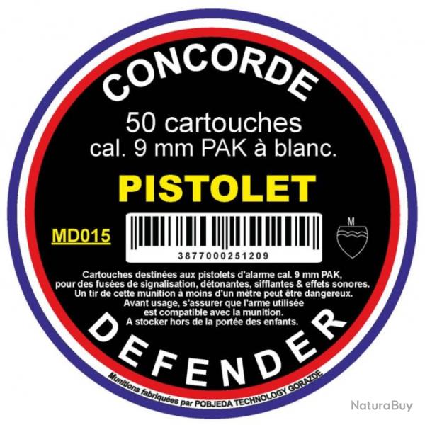 Cartouches CONCORDE DEFENDER cal.9mm pak pour pistolet par 50