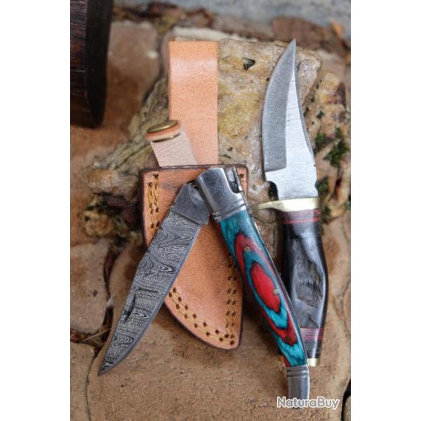 Little Couteau Damas Corne Lame 256 Couches Etui Cuir + Faon Laguiole Manche Arlequin F Artisanale