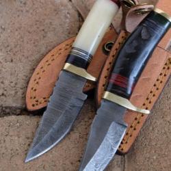 Lot de 2 Couteaux: Little Puukko 1 Manche Os & 1 Manche Corne Damas Lame 256 Couches Etui Cuir