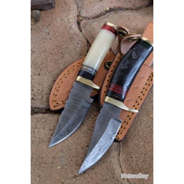 Lot de 2 Couteaux: Little Puukko 1 Manche Os & 1 Manche Corne Damas Lame 256 Couches Etui Cuir