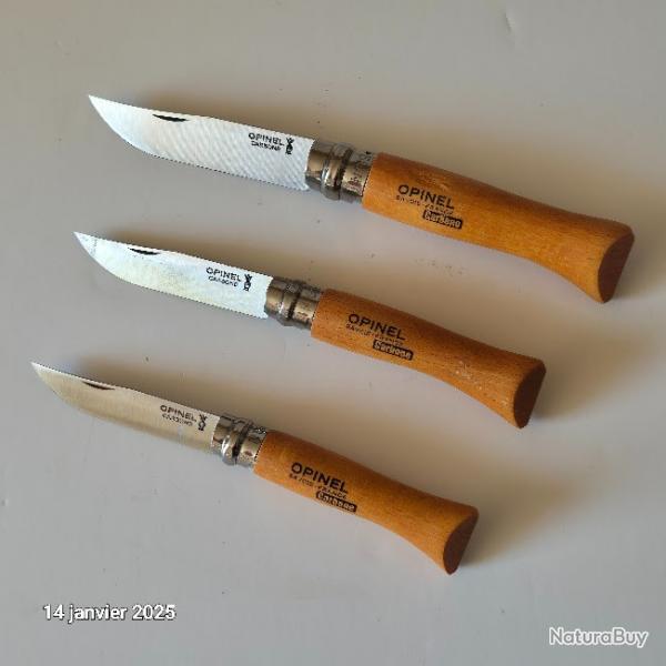 Lot de 3 couteaux pliants Opinel de taille diffrentes, lame carbone