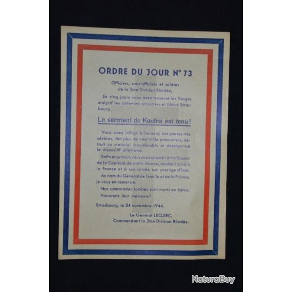 DOCUMENT 2 DIVISION BLINDEE-SERMENT DE KOUFRA ORDRE DU JOUR N 73-GENERAL LECLERC - 2 DB