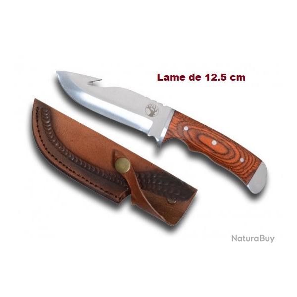 Couteau de chasse  dcor Cerf avec Etui Cuir cousus lame droite de 12.5