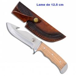 Couteau de chasse  décor Cerf avec Etui Cuir cousus bnois clair lame droite de 12.5