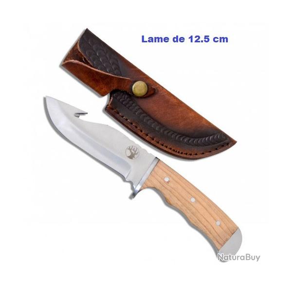 Couteau de chasse  dcor Cerf avec Etui Cuir cousus bnois clair lame droite de 12.5