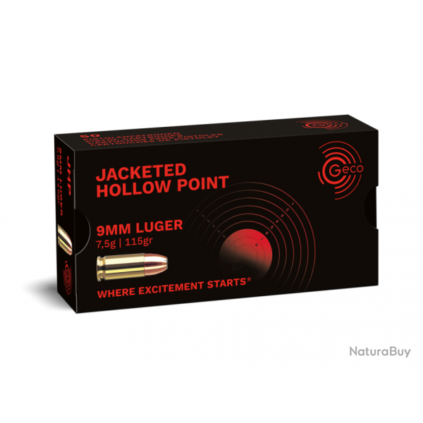 Munitions GECO cal.9mm PARA JHP Hollow Point 115 Gr 20 boites (1000 munitions )