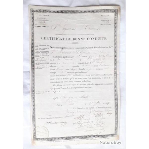 FR391407b (30) Certificat bonne conduite 1854 du 8Chasseurs