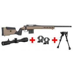 Pack Carabine Mossberg Patriot LR Tactical 308 Win RTI 6-24x50 Bipied Harris