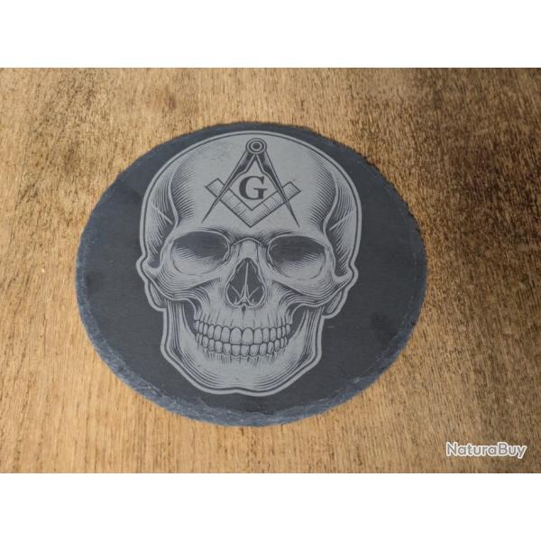 Plateau en ardoise grave  20 cm Symbole maonnique tete de mort maconnerie   Plateau dcoratif en