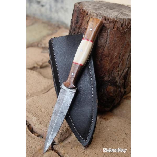 Couteau Dague Scottish Dirk Lame Acier Damas 256 Couches Manche Os/Bois Etui Cuir Fabr Artisanale