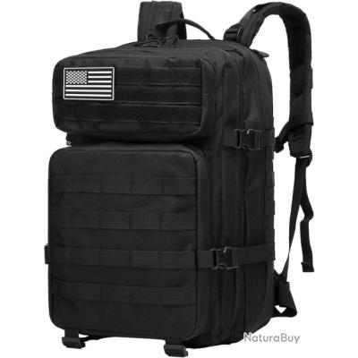 Sac à Dos Tactique 45L Noir – Voyage, Randonnée, Survie, Nylon, Sans Marque
