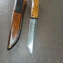 Superbe couteau nordique par Fred Charrière acier 80CRV2 manche loupe de frêne