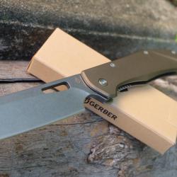 Couteau Gerber Flatiron Cleaver Lame Acier 7Cr17MoV Manche Green Aluminium Framelock Clip