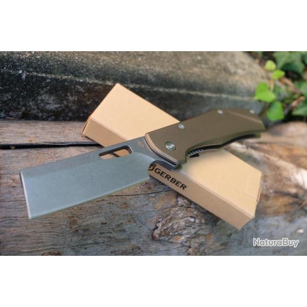 Couteau Gerber Flatiron Cleaver Lame Acier 7Cr17MoV Manche Green Aluminium Framelock Clip