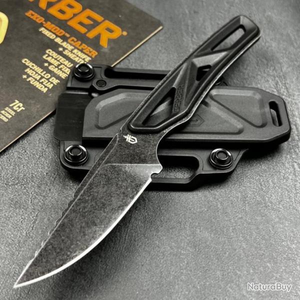 Couteau Skinner Survie Gerber Exo-Mod Caper Black Lame Acier 7Cr17MoV Etui Polymer