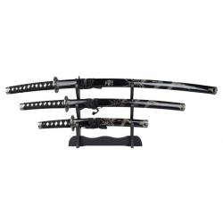 SET KATANA-WAKIZASHI-TANTO LAME ACIER DECO NOIR MOTIF DRAGON