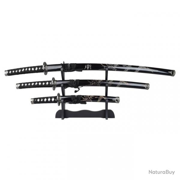 SET KATANA-WAKIZASHI-TANTO LAME ACIER DECO NOIR MOTIF DRAGON