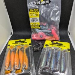 STORM , LOT , JOINTED MINNOW , SUDAK MINNOW , SO- RUN HYPNO GRUB + 10 HAMEÇONS TEXAN VMC #1 OFFERT.