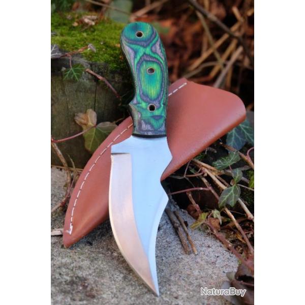 Couteau de Chasse Skinner Lame Acier Carbone 1055 Manche Bois Green Etui Simili Cuir Fabr Artisanale