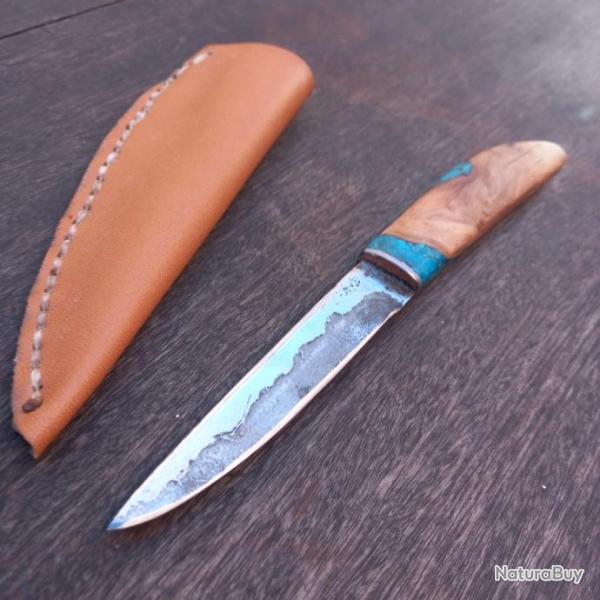 Joli Couteau PUUKKO ARTISANAL FORG Manche en Bois d Olivier avec tui en cuir