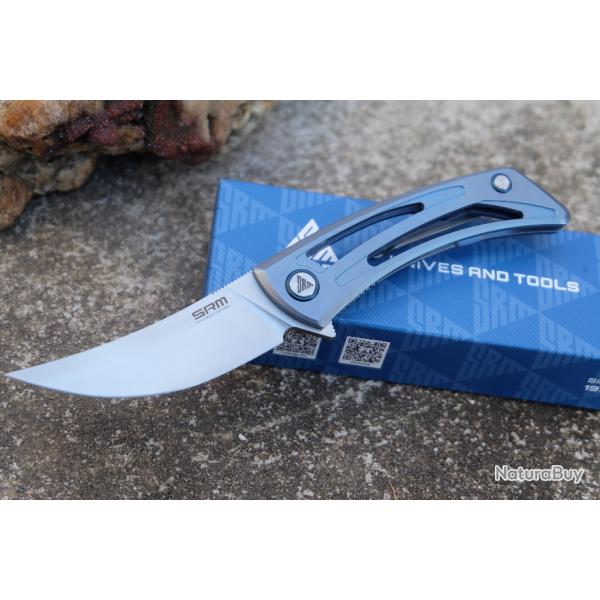Couteau SRM Unicorn 7415 Blue Manche Titane Lame Acier 154CM Framelock Clip 415-TE