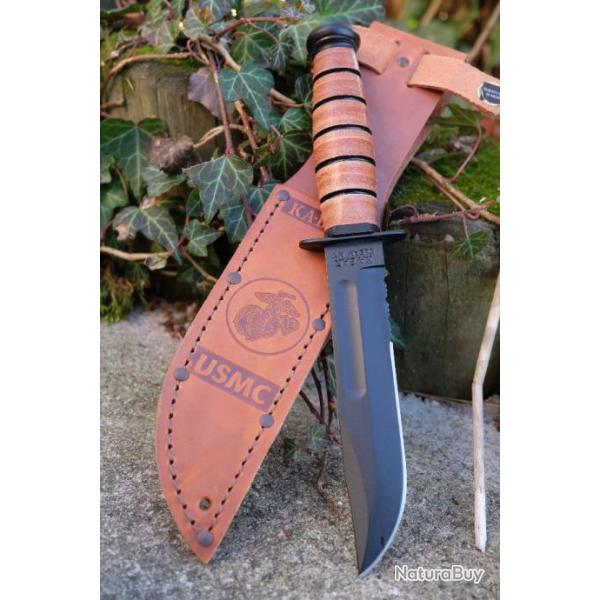 Couteau Militaire Short KA-BAR USMC Lame Acier Carbone 1095 Part Serrat Manche Cuir Made USA 1252