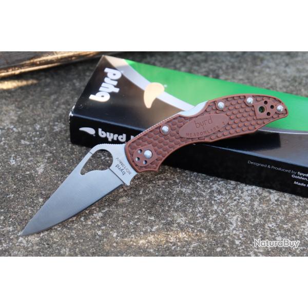 Couteau Spyderco Byrd Meadowlark Brown Lame Acier 8Cr13MoV Manche FRN Lockback Clip 04PBN2