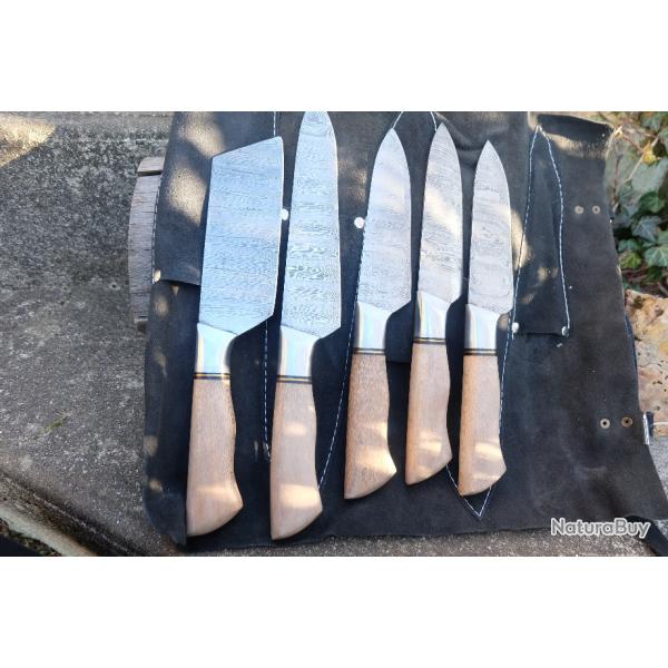 Lot de 5 Couteau de Cuisine Style Japonais Lame Acier Damas 256 Couches Housse Simili F Artisanale