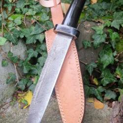 Couteau De Viking Seax Lame Acier Damas 256 Couches Manche Corne Etui Cuir Fabrication Artisanale