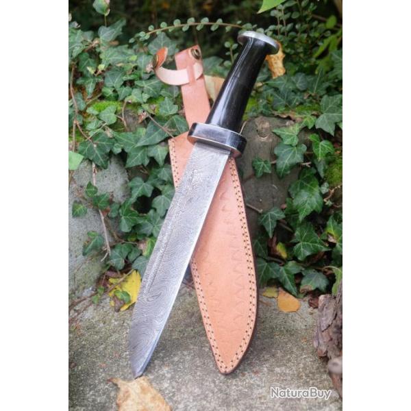 Couteau De Viking Seax Lame Acier Damas 256 Couches Manche Corne Etui Cuir Fabrication Artisanale