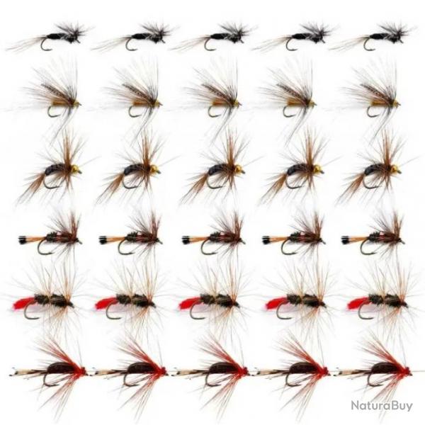 Lot de 30 mouches de pche  la mouche sches, noyes, nymphes