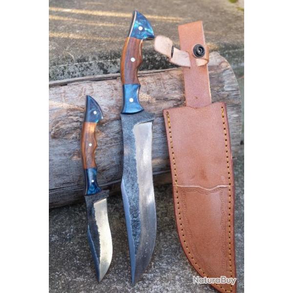 Set de 2 Couteaux Gaucho Twin Lames Acier Carbone 1075 Manche Bois Etui Cuir Fabrica Artisanale 001