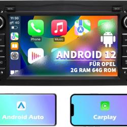 Autoradio pour Opel, Radio 2 DIN, Système Android 12 2G+64 Go avec Navi CarPlay Android Auto WLAN Bl