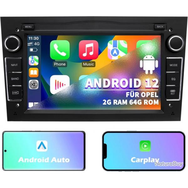 Autoradio pour Opel, Radio 2 DIN, Systme Android 12 2G+64 Go avec Navi CarPlay Android Auto WLAN Bl