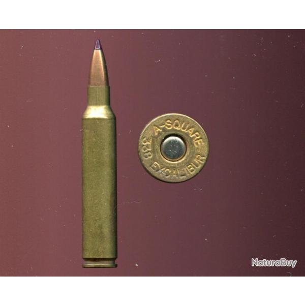 .338 EXCALIBUR - RARE - marquage : A-SQUARE 338 EXCALIBUR - balle cuivre pplastique - tui 75.9 mm