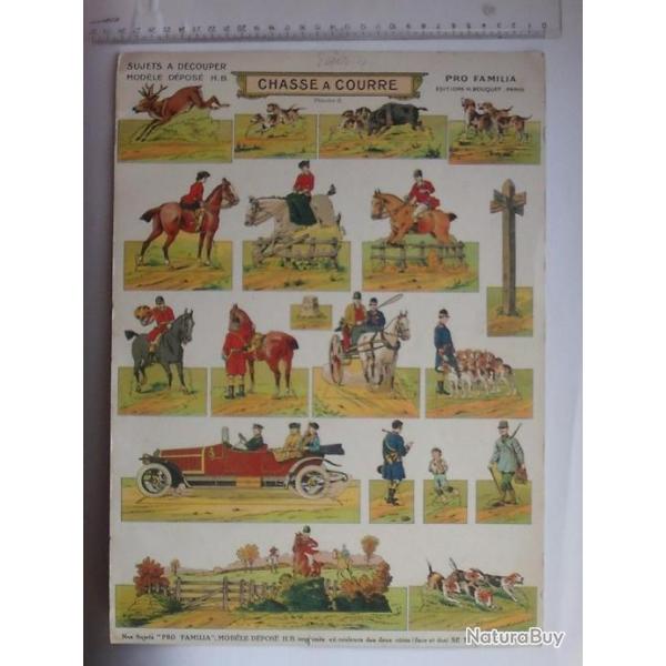 DECOUPAGE ANCIEN Grand format cartonn PRO FAMILIA thme CHASSE A COURRE - Equipage Cerf sanglier