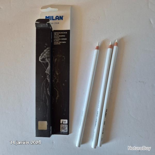 Bote 3 crayons  dessin blancs mine paisse Milan art,  4 mm