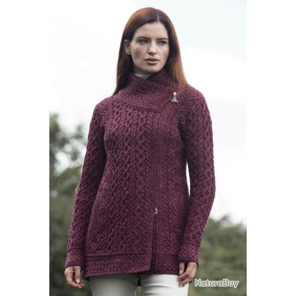 Manteau femme chaud en laine mrinos col et zip asymtrique S (small) rose framboise