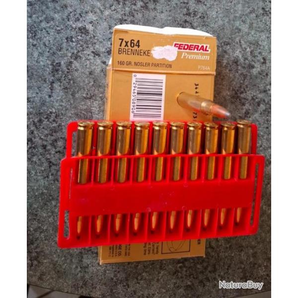 1 BOITE 20 MUNITIONS CARTOUCHES BALLES 7X64 BRENNEKE FEDERAL PREMIUM NOSLER PARTITION 160 GR 10.3 g