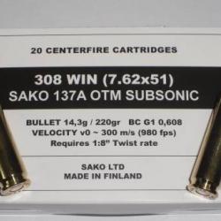 Munition Sako 308 win 137A OTM subsonic