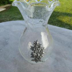 Grand vase vintage en verre craquelé à décor en étain de Bouquet de Rose - FRANCE (Vers 1970-80)