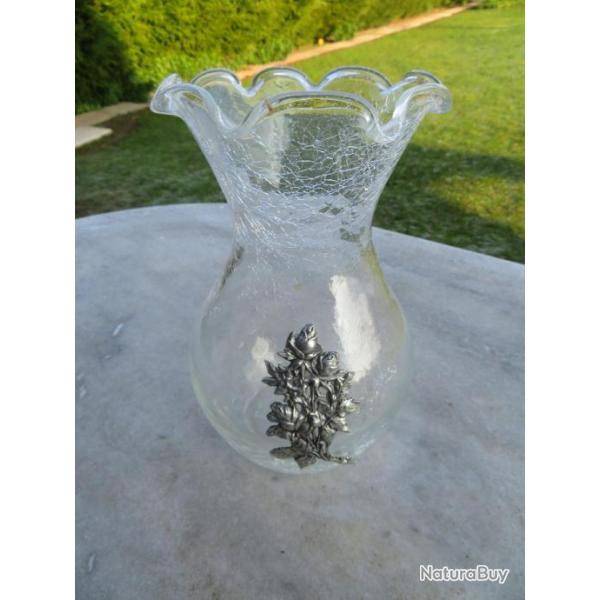 Grand vase vintage en verre craquel  dcor en tain de Bouquet de Rose - FRANCE (Vers 1970-80)